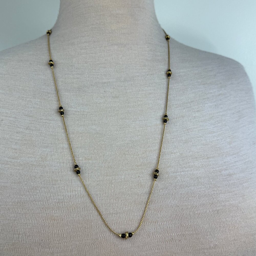Vintage 30.5" Gold Tone Metal & Black Beaded Necklace Gold Tone Spacers - Picture 1 of 6